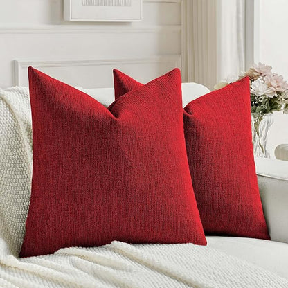 FUTEI Christmas Red Chenille Decorative Throw Pillow Covers 20x20 Inch Set of 2,Soft Cozy Faux Linen Textured Cushion Case,Farmhouse Home Decor for Couch Living Room