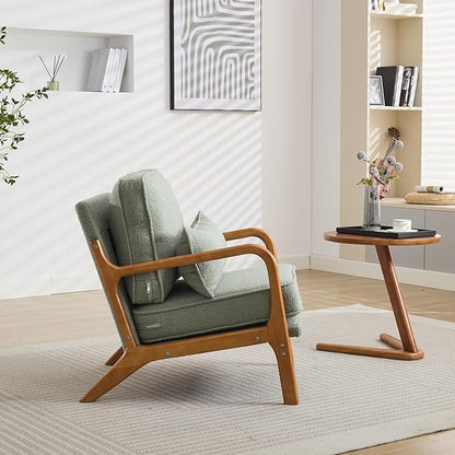 Mid-Century Accent Chair,Sherpa Fabric Lounge Chair with Wide Armrest,Sherpa Fabric Armchair with Lumbar Pillow & Solid Wood Frame for Living Room, Bedroom, Balcony (Green)