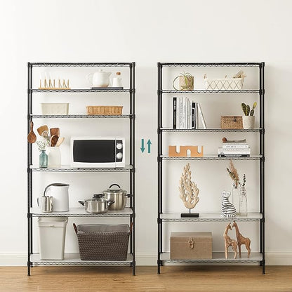 SONGMICS 6-Tier Storage Shelves, Wire Shelving Unit, Kitchen Metal Shelves, Storage Rack with Adjustable Shelves, Shelf Liners, 8 Hooks, for Garage, 13.8 x 35.4 x 69.7 Inches, Black ULGR096B01