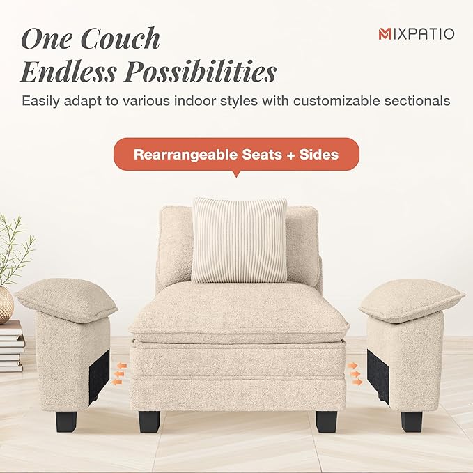 L-Shaped Cloud Modular Sofa Set with Chaise, Deep Seat 3-Piece Sectional & Removable Arms, Plush Chenille for Living Room - Beige