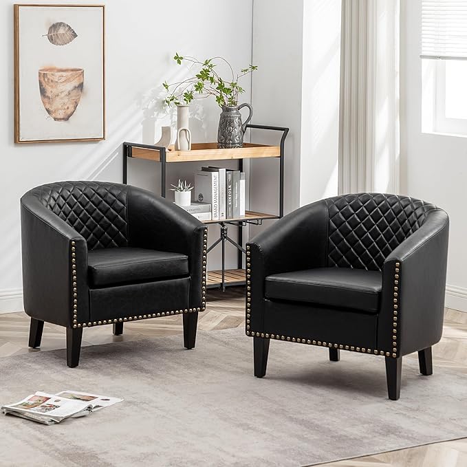 KINWELL 29" W Faux Leather Barrel Chairs Set of 2, Modern PU Upholstered Tufted Club Chairs with Nailhead Trim, Small Armchairs Accent Chairs for Living Room Bedroom Apartment Lounge Nursery, Black