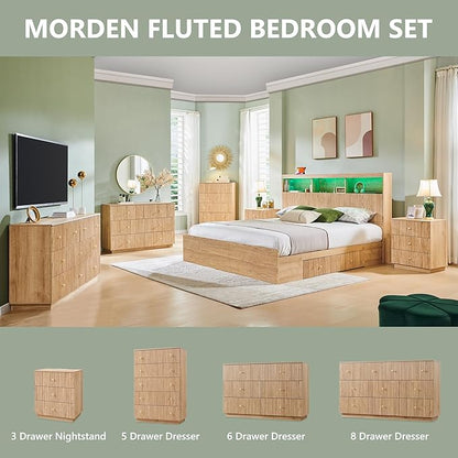 Fluted Dresser for Bedroom, 47" 6 Drawer Dressers, Wood Tall Dresser Storage Organizer, Modern Chest of Drawers with Deep Storage for Closet Hallway, Entryway, Living Room, Natural