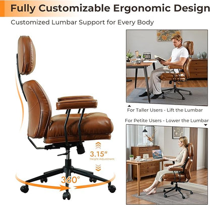 Ergonomic Office Chair Comfy with Lumbar Support, High Back Dark Brown PU Leather Rolling Executive Desk Chair for Home Office & Gaming, 360° Swivel, 300lbs (Light Brown)