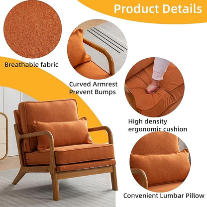 Mid-Century Accent Chair,Linen Fabric Lounge Chair with Wide Armrest, Armchair with Lumbar Pillow & Solid Wood Frame for Living Room, Bedroom, Reading Nook(Orange)