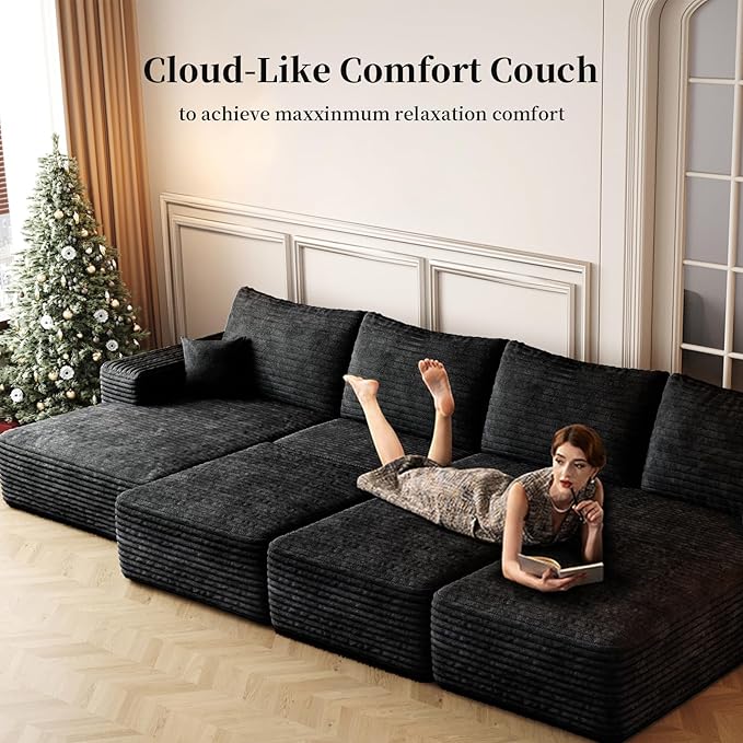 107.5" Boneless L-Shaped Modular Sectional Sofa Couches for Living Room, Corduroy Upholstered Couch with Deep Seat, Large 2-Seater Cloud Sectional Couch, No Assembly, (Black, Left Facing Chaise)