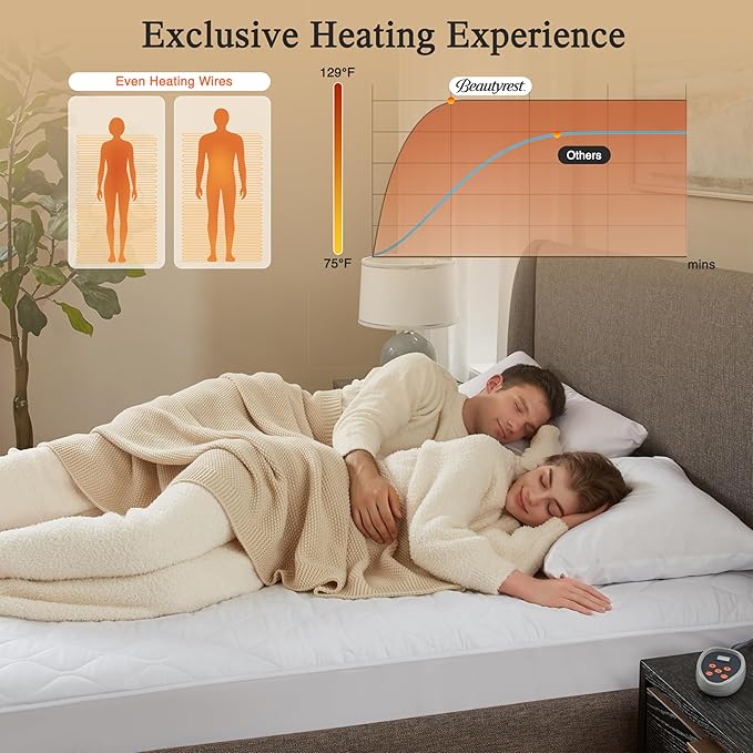 Beautyrest Cotton Heated Mattress Pad - Bed Warmer with 20 Heat Settings Controller, Auto Shut Off Timer, All Around Elastic Deep Pocket, UL Certified, Machine Washable, White King