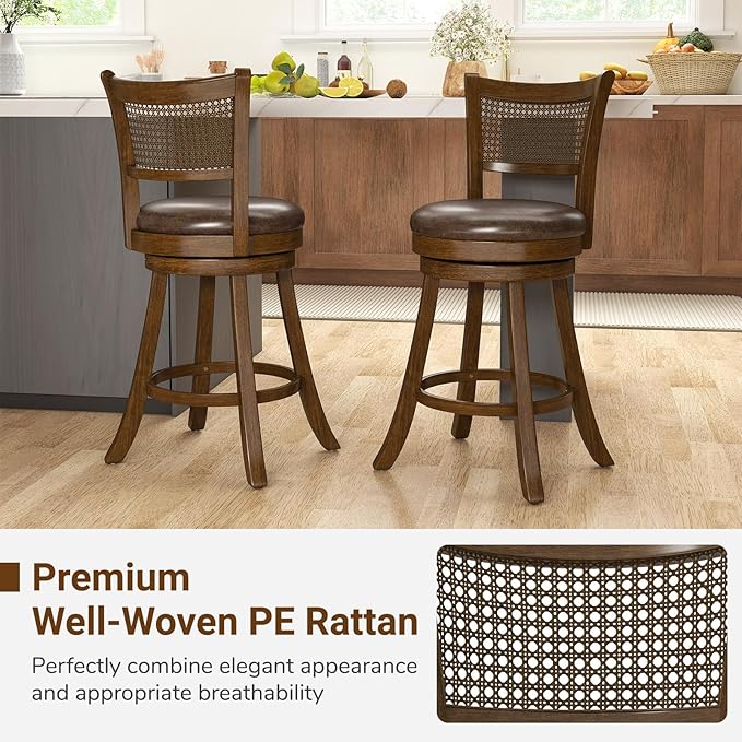 COSTWAY 25” Swivel Counter Height Barstools Set of 2, Rubber Wood Bar Stools with Rattan Backrest, Footrest, Upholstered Leathaire Armless Chairs for Kitchen Island, Pub, Brown (2, 25” Seat Height)