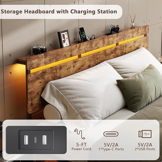 Forestell King Size Bed Frame with Wood Headboard, Metal Platform Bed with 3 Storage Drawers & Shelf, Built-in Charging Station & LED Lights, No Box Spring Needed, Vintage Brown, Camas King