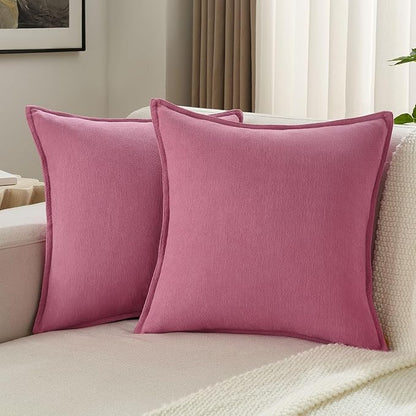 FUTEI Hot Pink Chenille Throw Pillow Covers 18x18 Inch Set of 2,Edges Double-Stitched Cushion Cases,Modern Home Decor for Couch Living Room