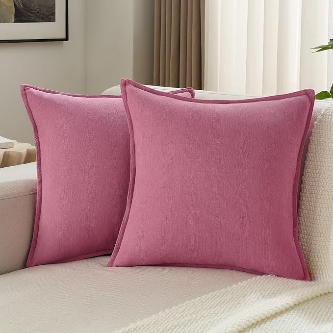 FUTEI Hot Pink Chenille Throw Pillow Covers 16x16 Inch Set of 2,Edges Double-Stitched Cushion Cases,Modern Home Decor for Couch Living Room