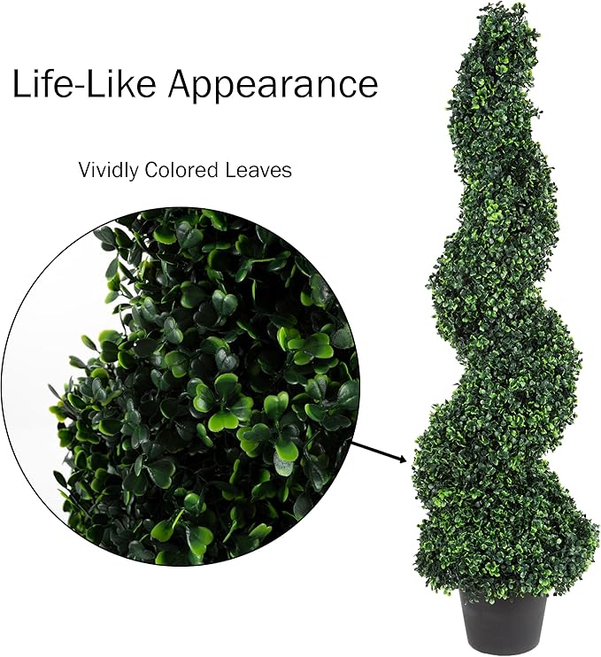 Faux Tree Boxwood Topiary Plant - 50-Inch Artificial Spiral Plant with Realistic Leaves and Planter - For Indoor and Outdoor Home Decor by Pure Garden