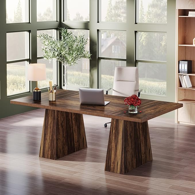 Tribesigns 63-Inch Executive Desk, Large Office Computer Desk with Double Pedestal, Modern Simple Workstations Writing Table Conference Table Business Furniture for Home Office, Rustic Brown
