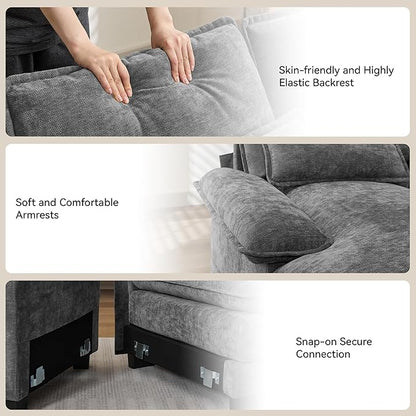 U Shaped Sectional Sofa with Storage Console, Cup Holders & USB Ports, Small Modular Cloud Couch with Deep Seats, Modern Comfy Living Room Sofa for Apartment, Chenille Grey