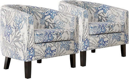BELLEZE Accent Barrel Chair, Set of 2 Modern Faux Leather Tub Club Chair Upholstered Armchair with Gold Nail Head Trim and Black Legs for Living Room Bedroom Apartment Lounge - Blue Coral
