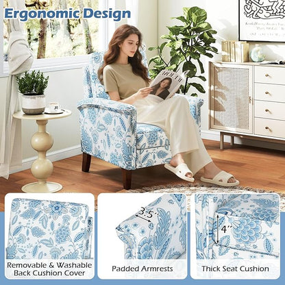 GOFLAME Floral Accent Chair, Comfy Upholstered Armchair with Rubber Wood Legs and Thick Padded Cushion, High Back Single Sofa Chair, Reading Side Chair for Living Room, Bedroom, Blue