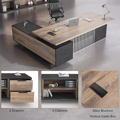 70.86 inch Inch Large Executive Desk with Drawers Cabinet, L Shaped Office Desk, Computer Desk with Universal Charging Ports and Cable Management for Business Furniture Set Workstation for Home Office