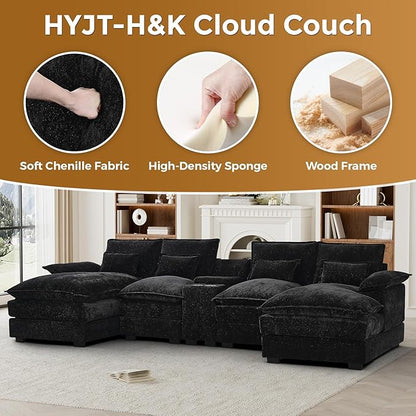 HYJT-H&K 124" U Shaped Cloud Couch Sectional, Comfy Fluffy Chenille Black Sectional Couches for Living Room, Modern Modular Sectionals Sofa with Central Console Double Chaise Lounge Black