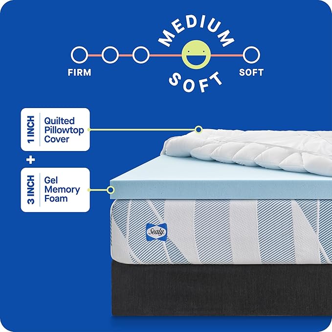 Sealy Dreamlife 3” Gel Memory Foam Full Mattress Topper with 1” Quilted Cooling Cover, SealyComfort Gel Foam, SealyCool Poly Blend Cover