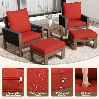 5 Piece Patio Bistro Chair Set with Ottoman, Wooden Outdoor Patio Furniture Set, Patio Wicker Chairs with Coffee Tables for Balcony Deck Backyard