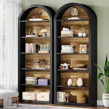 Tribesigns 77.16" Tall Arched Bookshelf, 6-Tier White Arched Bookcase with Storage Shelves for Living Room, Bedroom, Set of 2 (Black, 6-Tier)