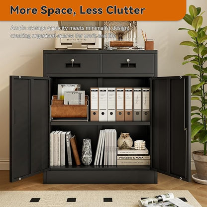 BESFUR Locking Cabinet with 2 Drawers and Lockable Doors, 36" H Black Metal Storage Cabinet with Adjustable Shelf for Home Office, Garage,School, Apartment, Warehouse
