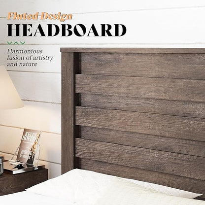 AMERLIFE Farmhouse King Platform Bed Frame with 49" Fluted Headboard, Wooden Bed with Natural Grain Finish, Noise-Free, No Box Spring Required, Easy Assembly, Grey
