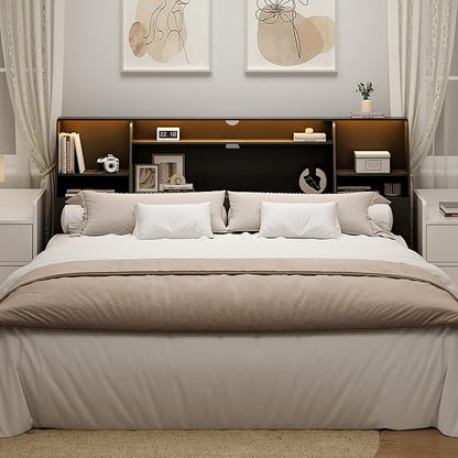 King Size Headboard Only for Bed, Wood Bookcase Headboard with Charging Station & 2 LED Lights, Modern King Bookshelf Headboard with Storage, Noise-Free, Sturdy and Durable, Black