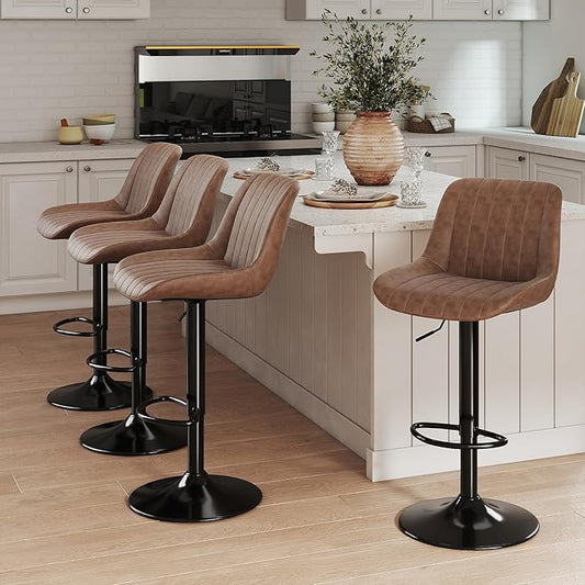 Youhauchair Bar Stools Set of 4, Swivel Counter Height Barstools with Back, Adjustable PU Leather Bar Chairs, Modern Armless Kitchen Island Stool, Light Brown