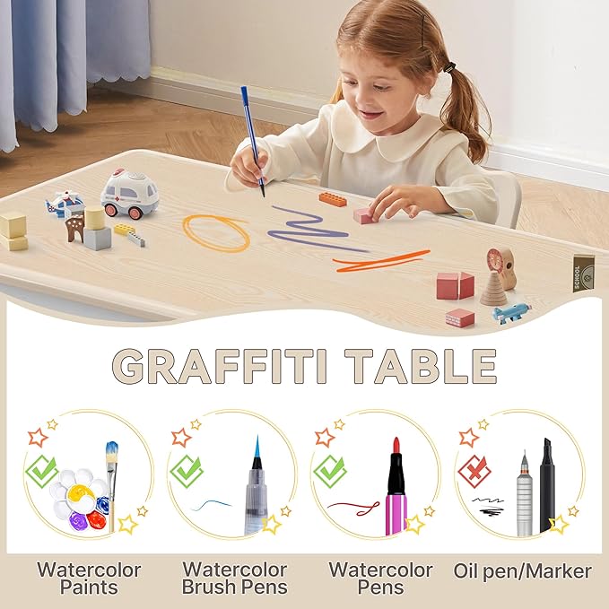 Kids Study Table and Chairs Set, Height Adjustable Toddler Table and Chair Set for Kids Ages 3-8, 23.6" L x 23.6" W Graffiti Desktop Plastic Children Art Table with 4 Seats, Burlywood