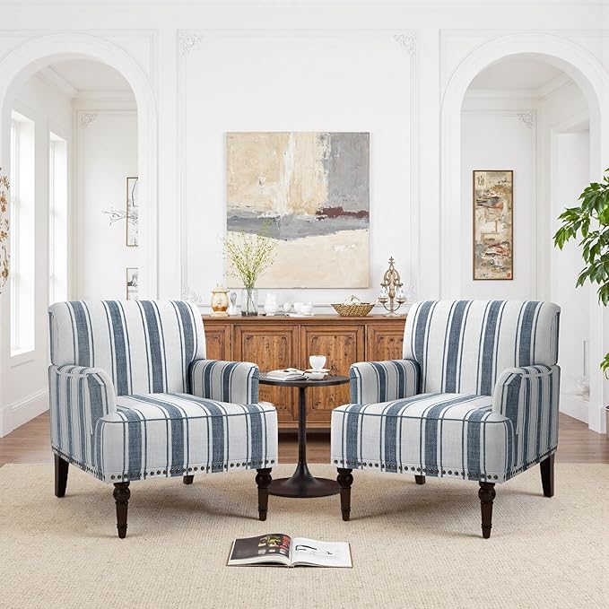 Pia Ricco Stripe Accent Chairs 2 Pack - Modern Nailhead Trim Armchairs with Wood Legs, Comfy Living Room Bedroom Home Office Seating-Blue