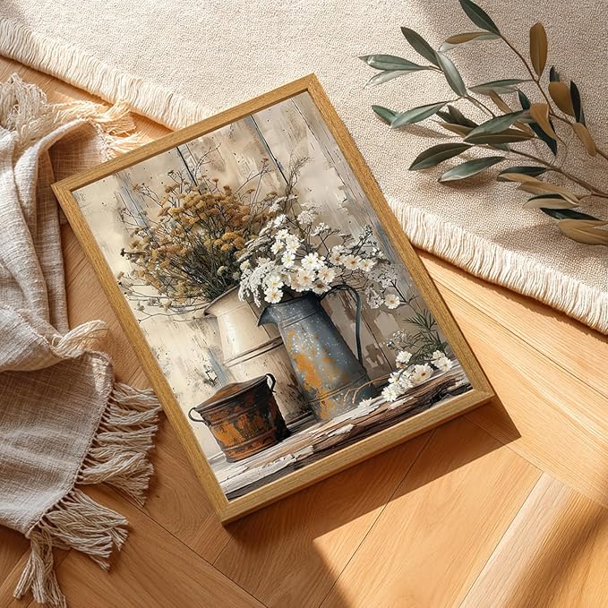 HLXRAE Rustic Farmhouse Bathroom Wall Art, Vintage Country Floral Still Life Wall Decor, White Daisy Canvas Painting, Shabby Chic Flower Poster Print for Bedroom Kitchen Wood Framed 12x16 inch