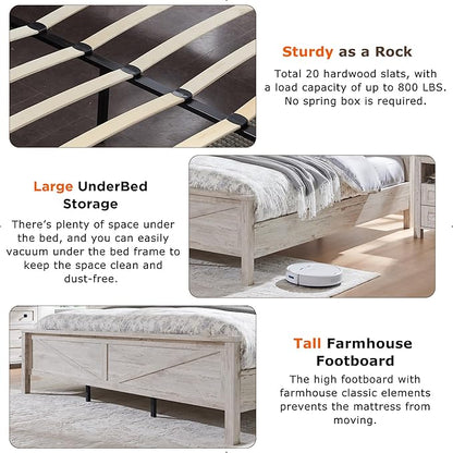 T4TREAM Farmhouse Queen Size Bed Frame w/Storage Bookcase Headboard, Sliding Barn Door, Charging Station, Rustic Wood Platform Bed w/Wood Slats Support, No Box Spring Needed, Antique Brush White
