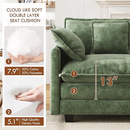 WorthFurni 111.4” Cloud Couch Modular Sectional Sofa with Ottoman, Comfy Modern 3-Seater Couches with Pillows & Upholstered Deep Seat Cushion for Apartment Living Room Bedroom (Green)