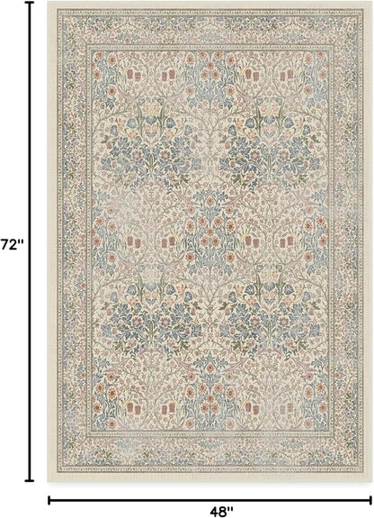 RUGGABLE x Morris & Co Washable Area Rug – Blackthorn Ivory Blue 4x6, Stain-Resistant, Non-Slip – Medium Machine Washable Rugs for Living Room, Bedroom, Hallway, Entryway & Office–with Standard Pad