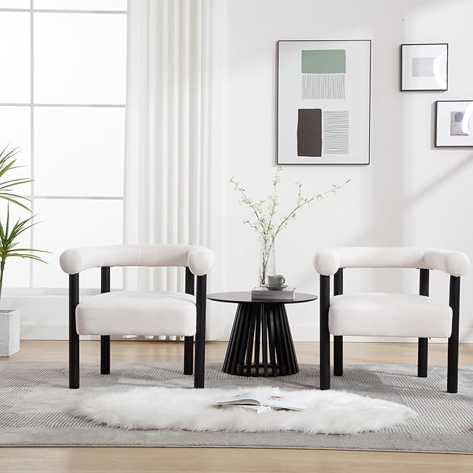 Barrel Accent Chairs Set of 2, Linen Upholstered Modern Living Room Chairs, Comfy Accent Chairs with Curved Backrests and Wood Legs Armchairs for Living Room, Bedroom, Beige