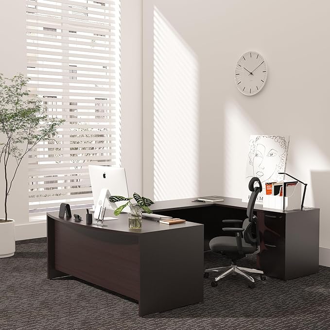 67'' U Shaped Bow Front Executive Desk with 2 Storage File Cabinets