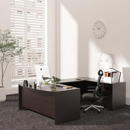 67'' U Shaped Bow Front Executive Desk with 2 Storage File Cabinets
