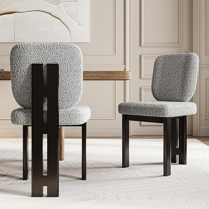 Modern Boucle Dining Chairs Set of 6, Farmhouse Sherpa Upholstered Wooden Kitchen Chairs with Back, Side Armless Dining Room Chairs with Brown Wood Legs for Kitchen Restaurant, Gray