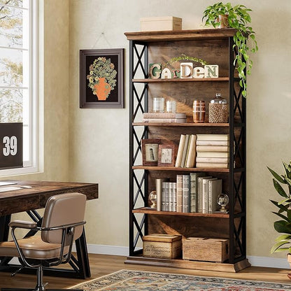 Tribesigns 71-Inch Tall Bookcase, 5-Tier Industrial Metal Bookshelf, Large Etagere Bookcases and Bookshelves, Freestanding Display Shelves for Living Room, Bedroom, Rustic Brown and Black