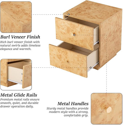 Modern 2 Drawer Nightstand with Elegant Burl Finish, Wood Bedside Table with Storage, Stylish Accent Side Table for Bedroom, Home Décor and Small Space Furniture