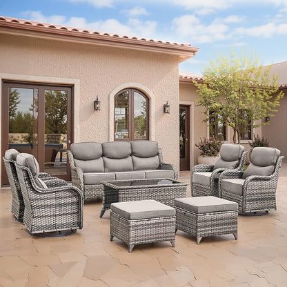 Swivel Patio Chairs Sofa Set of 4 with 6" Thick Cushion - Wicker Outdoor Swivel Rocker Patio Chair with Side Table, High Back Comfortable Outdoor Glider Chairs Grey Wicker Grey Cushions