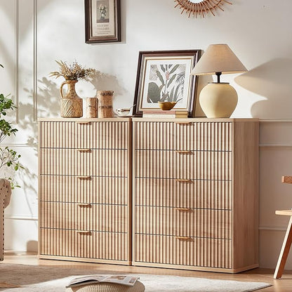 LEYAOYAO Fluted 5 Drawers Dresser for Bedroom, 41" Tall Modern Chest of Drawers with Metal Handle, Curved Profile Farmhouse Closet Organizer Wood Dressers TV Stand for Living Room, Hallway
