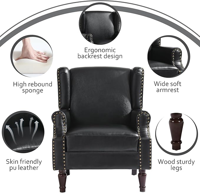Lumibee Accent Chairs, Faux Leather High Back Armchair Set of 2 or Living Room, Comfy Upholstered Single Sofa Reading Chairs with Solid Wood Legs for Office, Bedroom, Waiting Room-Black
