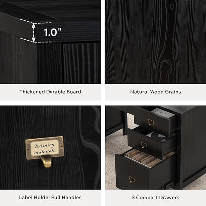 59" Executive Desk with File Drawers Cabinet, Modern Computer Desk with Charging Station, Keyboard Tray, Large Home Office Desk, Farmhouse Wood Desk for Study, Writing, Black