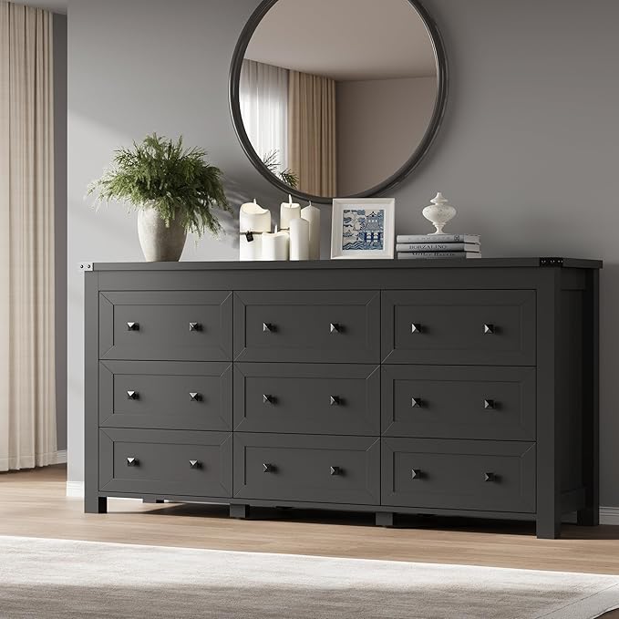 9-Drawer Dresser, Modern Wooden Storage Chest of Drawers, Dresser TV Stand, Wood Drawer Organizer with Metal Handles for Bedroom, Living Room, Hallway