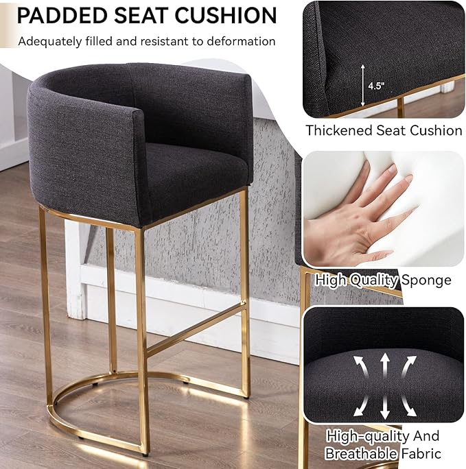 Contemporary Charcoal Linen Bar Stools Set of 4, 32" Upholstered Fabric Counter Height Barstool Kitchen Counter Island Stools with Golden Metal Base