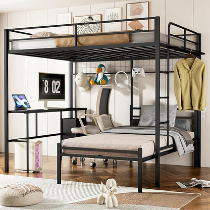 Queen Over Twin Bunk Bed with Desk - Detachable Queen Loft Bed with Drawers & Shelves, L-Shaped Create Spacious Home Office or Lounge Underneath - Sturdy Metal Frame Family-Friendly for All Ages