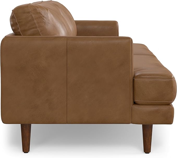 SIMPLIHOME Livingston 90-inch Wide Sofa in Caramel Brown Top Grain Genuine Leather, Handcrafted Mid-Century Modern Couch for Living Room, Large 3-Seater with Feather-Wrapped Cushions