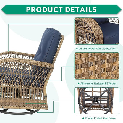 VIVIJASON 7-Piece Outdoor Patio Wicker Conversation Sets, All Weather Outdoor Rattan Furniture Set Includes Glider Loveseat, 2 Rocking Chairs, 2 Swivel-Gliders Chairs, 2 Coffee Table, Navy Blue