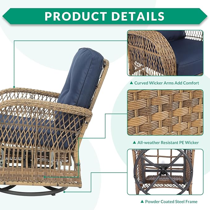 VIVIJASON 5-Piece Outdoor Patio Wicker Conversation Sets, All Weather Outdoor Rattan Furniture Set Includes Glider Loveseat, 2 Coffee Table, 2 Swivel-Gliders Chairs with Cushions, Navy Blue